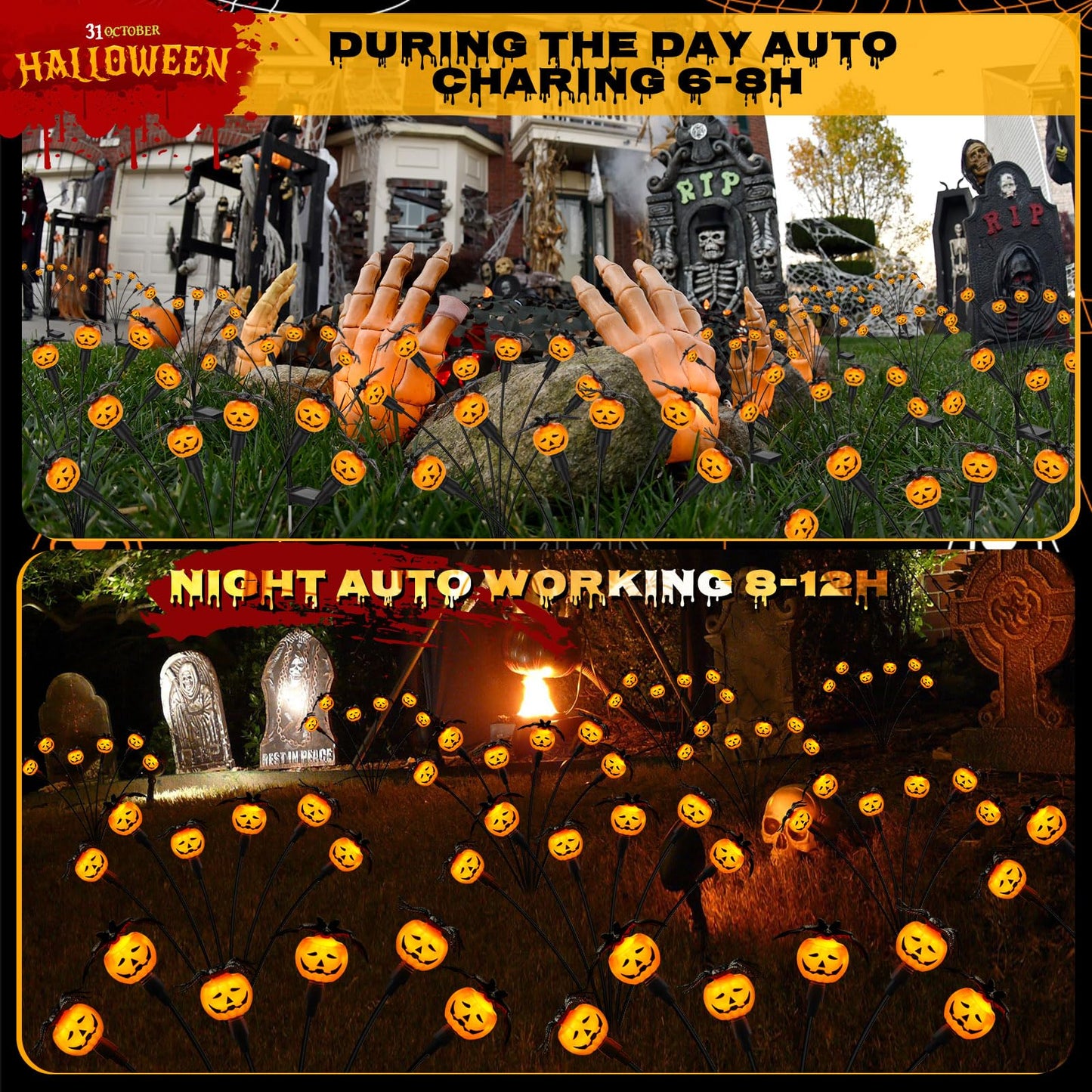 Weepong Halloween Decorations Outdoor 2 Pack Solar Lights, 12 LED Scary Pumpkin Swaying Firefly Lights with Spider & Bats for Outside Garden Yard Lawn Grave Cemetery Ghost Decor Party, Orange