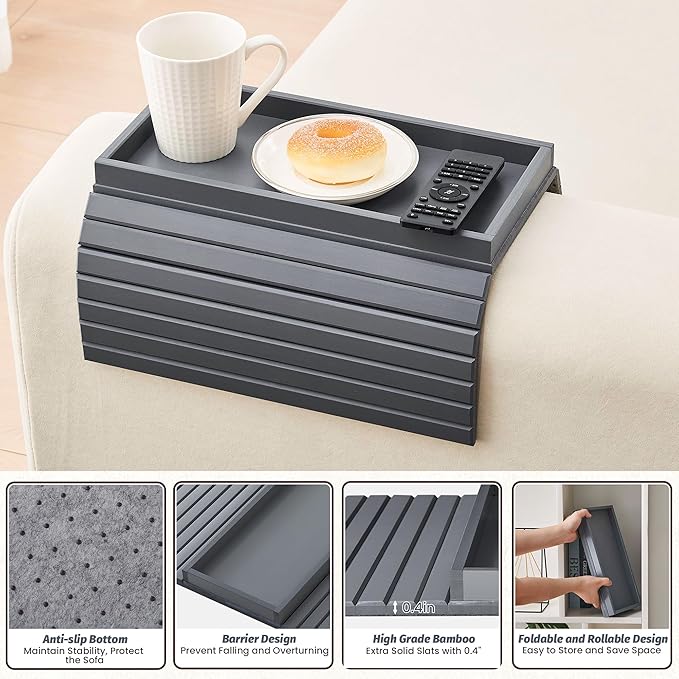 GEHE Bamboo Sofa Arm Tray, Foldable Couch Arm Tray Side Table, Anti-Falling