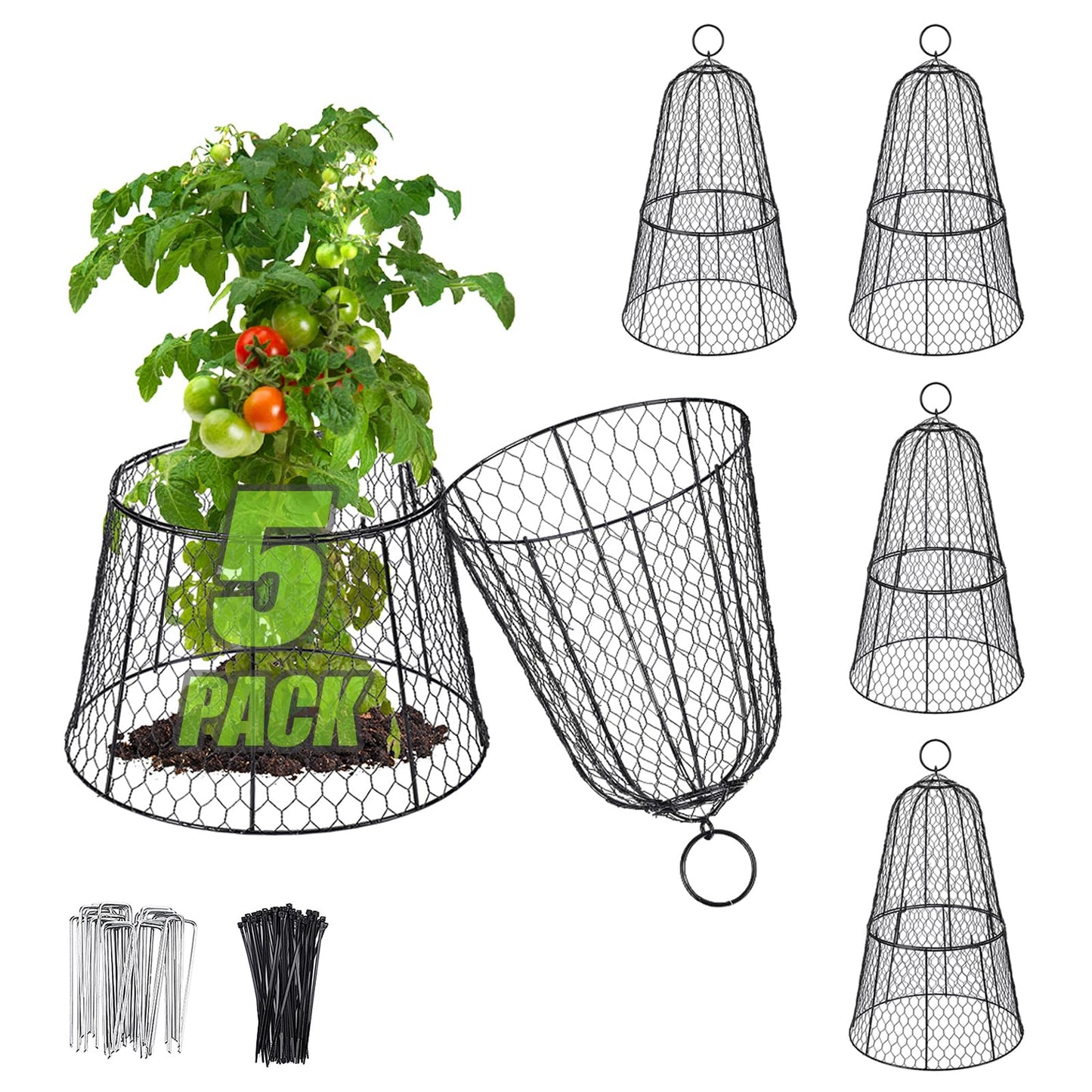Cloche Plant Protectors from Animals - 17.3"Hx11.8"D Chicken Wire Plant Covers with Removable Flip-Top Design, Rustproof Metal Garden Cloches Keep Rabbits, Squirrels, Deers, Birds Out - 5 Pack