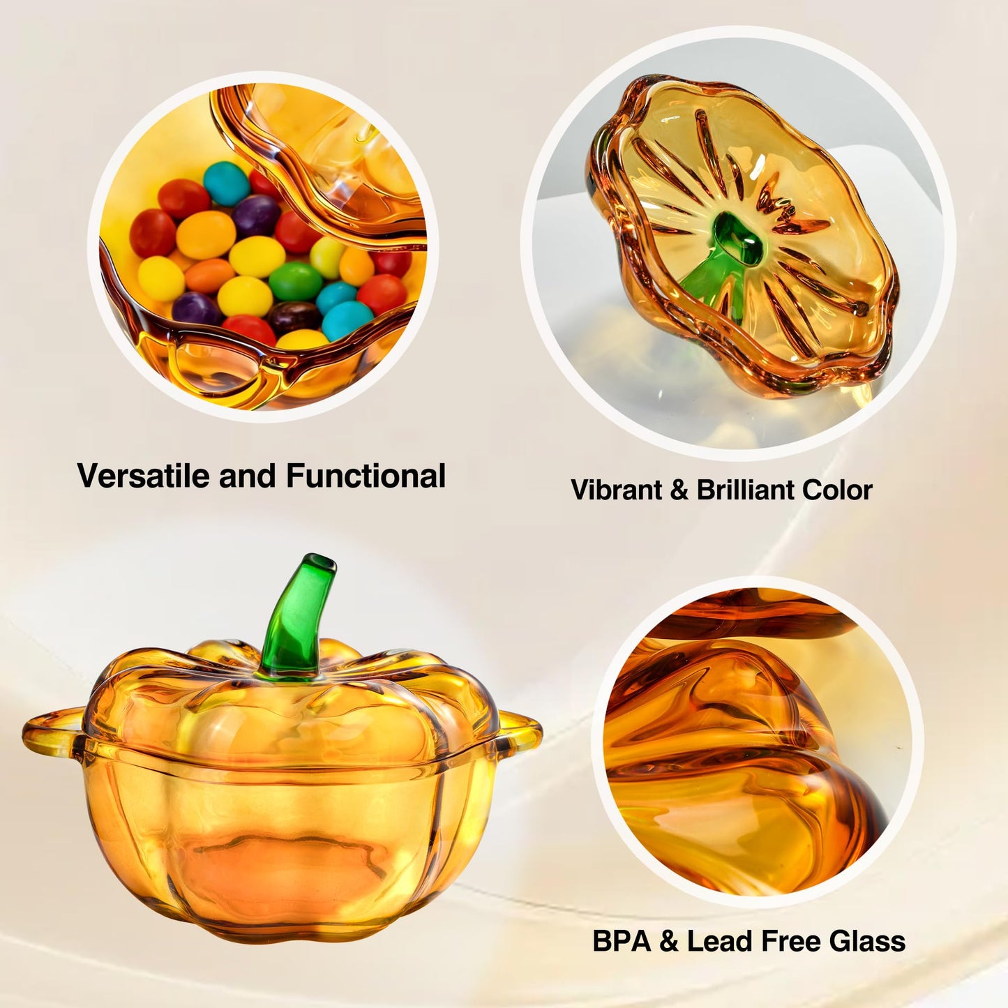 QIANCHANG Glass Pumpkin Bowl with Lid, Food Storage Jar for Candy Cookies Biscuit, Thanksgiving Fall Decorative Bowl for Pumpkin Puree, Wet Food & Pet Treats
