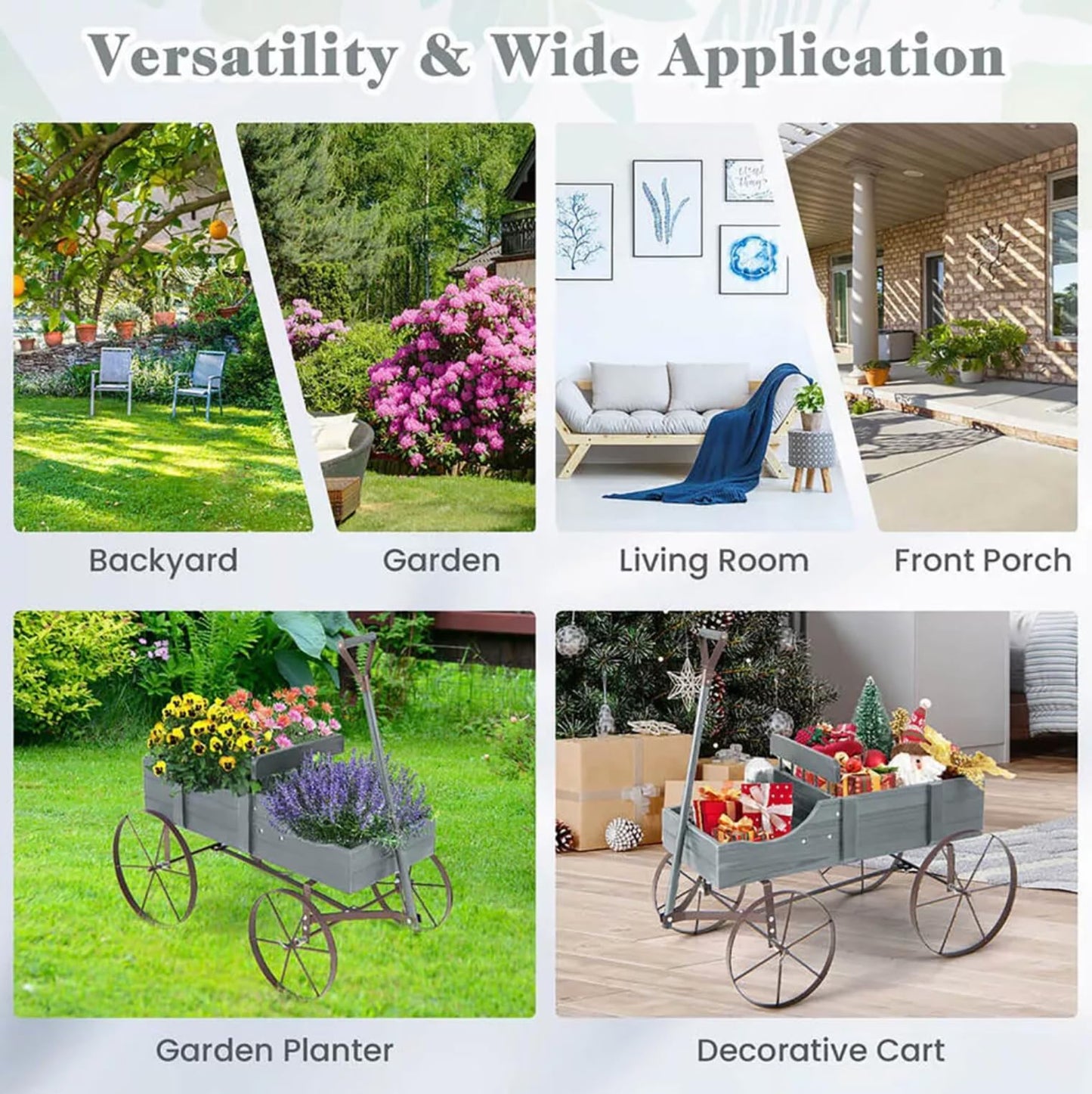 Wagon Planter, Decorative Wooden Garden Planter with Wheels, 2 Planting Sections and Adjustable Handle, Indoor Outdoor Backyard Balcony Decor (Grey)