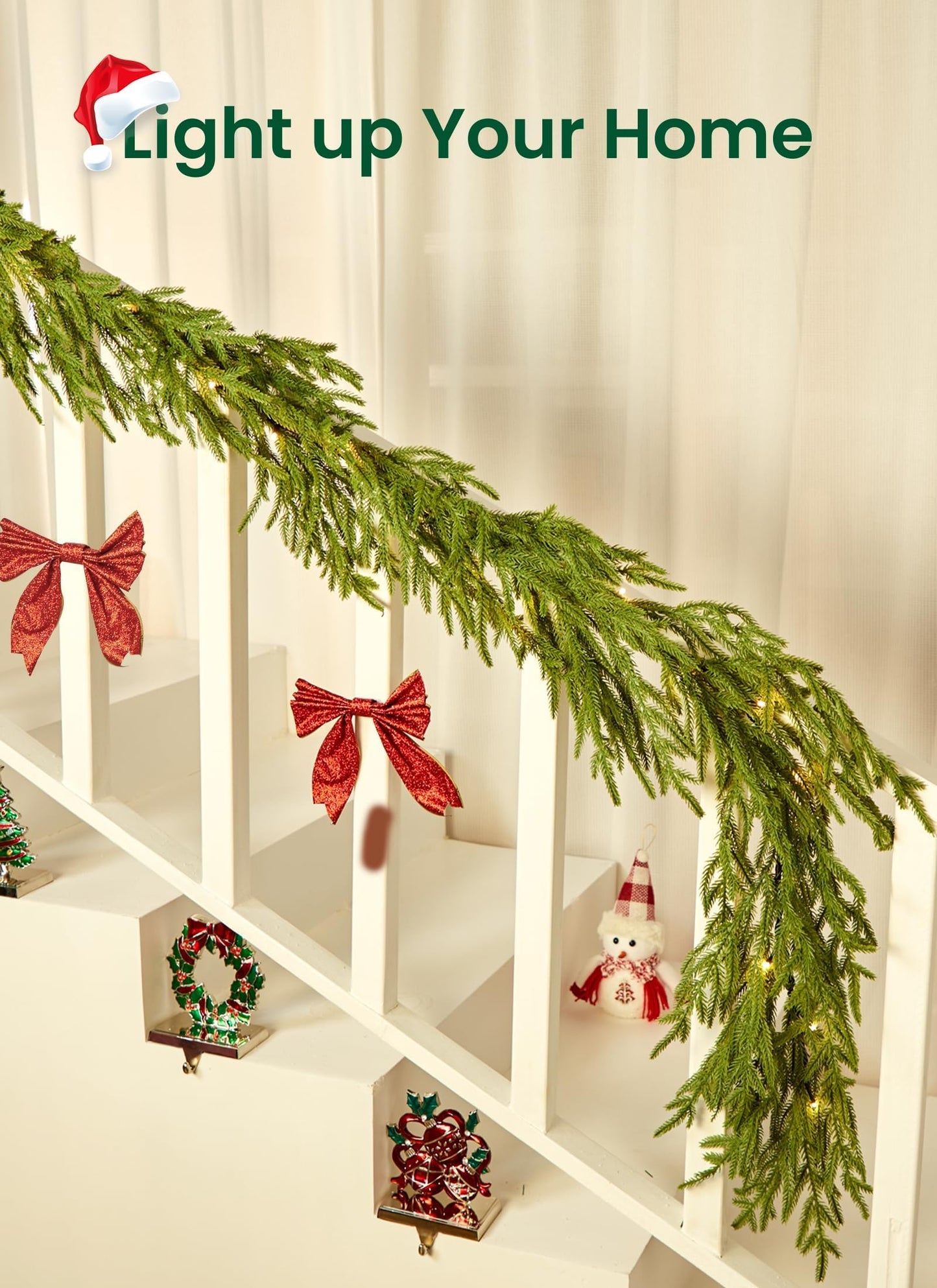 Brightown Christmas Garland with Lights, 6Ft Norfolk Pine Garlands, Battery Operated, White Lights, Prelit Garland for Mantle Fireplace Stairs Wall, Door Indoor Outdoor Christmas Decorations, 2 Pack