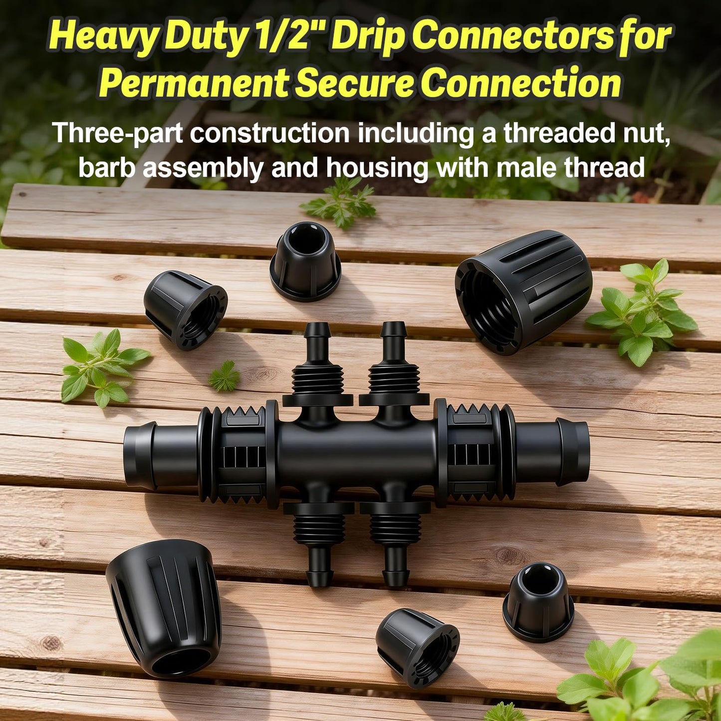 Copadri 12 Pcs 1/2 Inch To 1/4 Inch Irrigation Tubing Fittings, 1/2"(1/2" ID x 0.65" OD) To 1/4" Drip Barbed Tee Adapter 16mm Anti-Drop Locked Nut T Reducer To 1/4" Distribution Line Connector