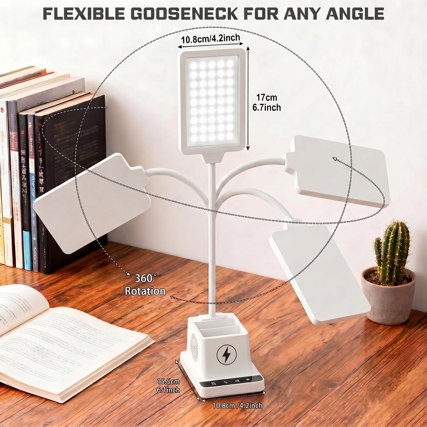 cozoo Desk Lamp, LED Desk Lamps for Home Office with 15W Wireless Charger/Organizer,Desk Lamp for College Dorm Eye-Caring Study Light,Gooseneck Table Lamp with Pen Holders/Storage,12 Lighting Modes