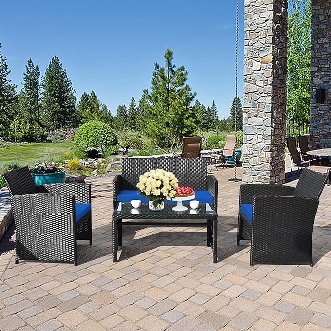 Tangkula 4 Pieces Patio Wicker Conversation Furniture Set, Patiojoy Sofa &