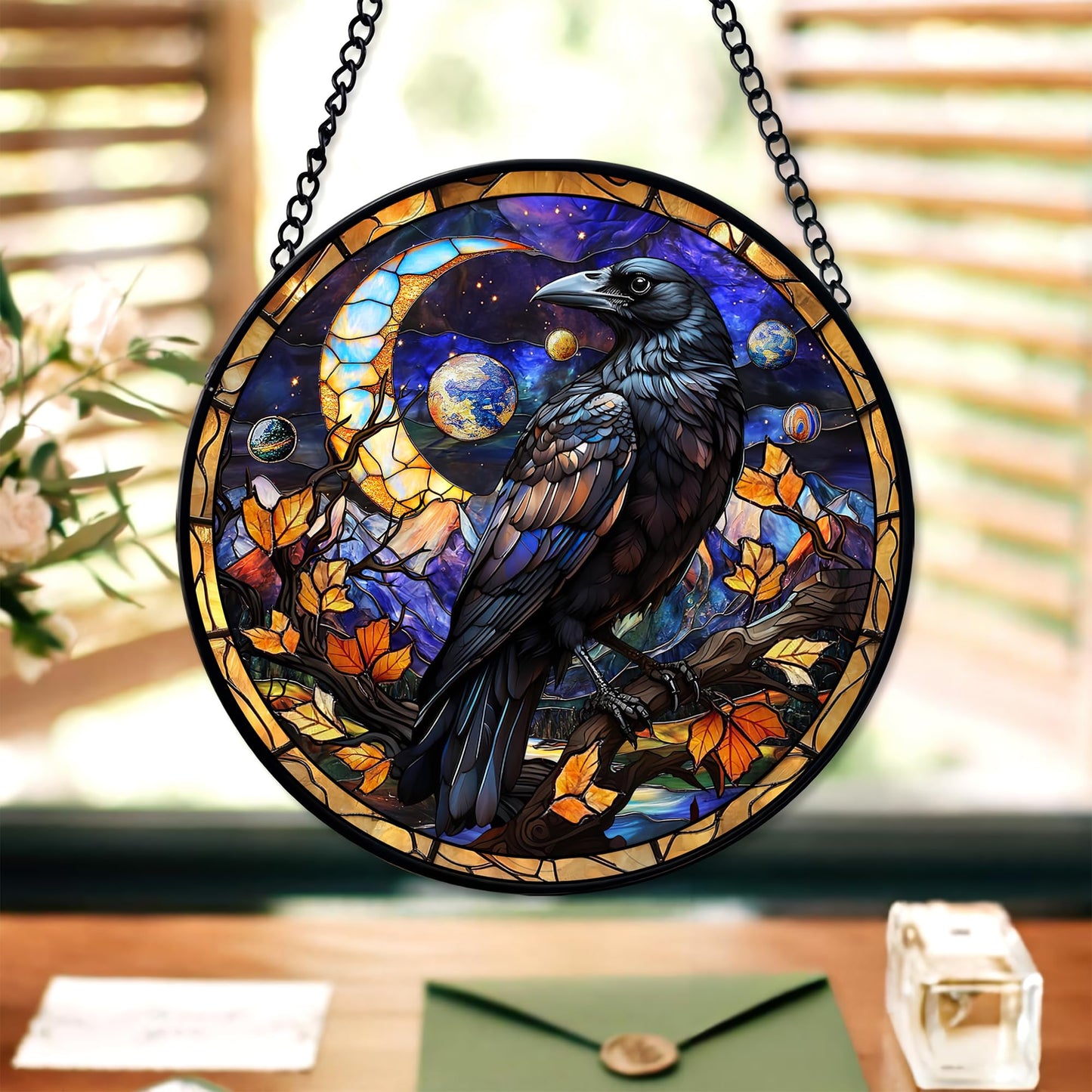 FIVITY 7.8'' Dark Crow Suncatcher Stained Glass Window Hanging Creepy Raven Ornament Wall Home Room Kitchen Decor Gothic Sun Catcher Gifts for Teens Adults Birthday Halloween Christmas Fall Holiday