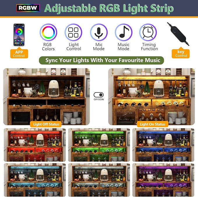 Loomie Wine Bar Cabinet with LED Light, Liquor Cabinet with Glass Holder