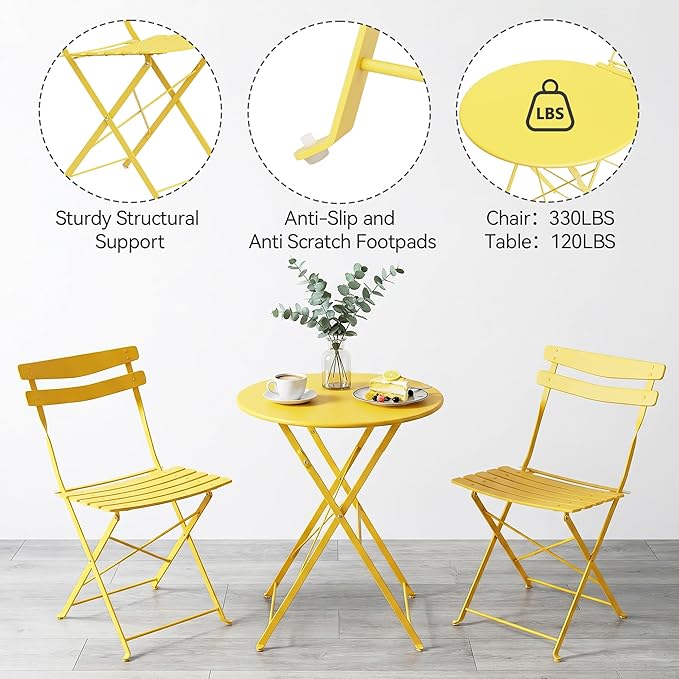 GarveeLife 3 Piece Patio Bistro Set, Folding Patio Bistro Table and Chairs Set
