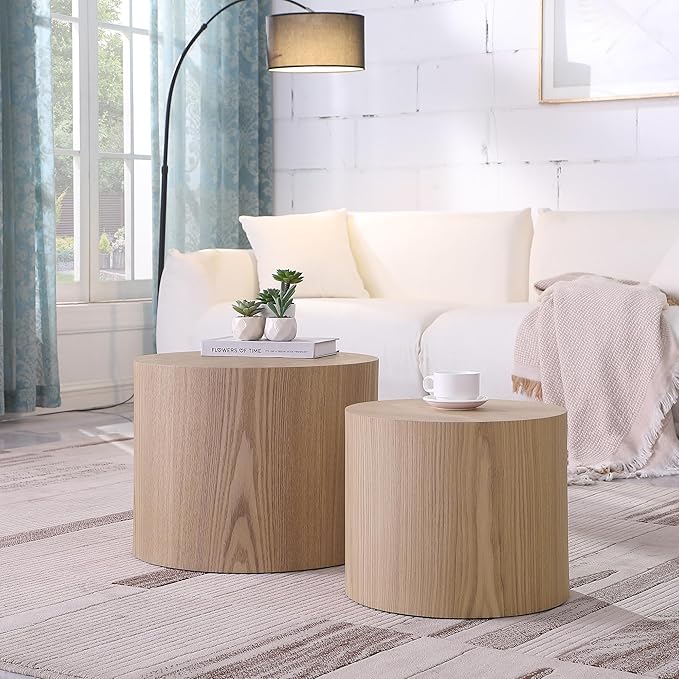 Small Round Coffee Table Nesting End Table Set of 2, Wood Side Circle Accent