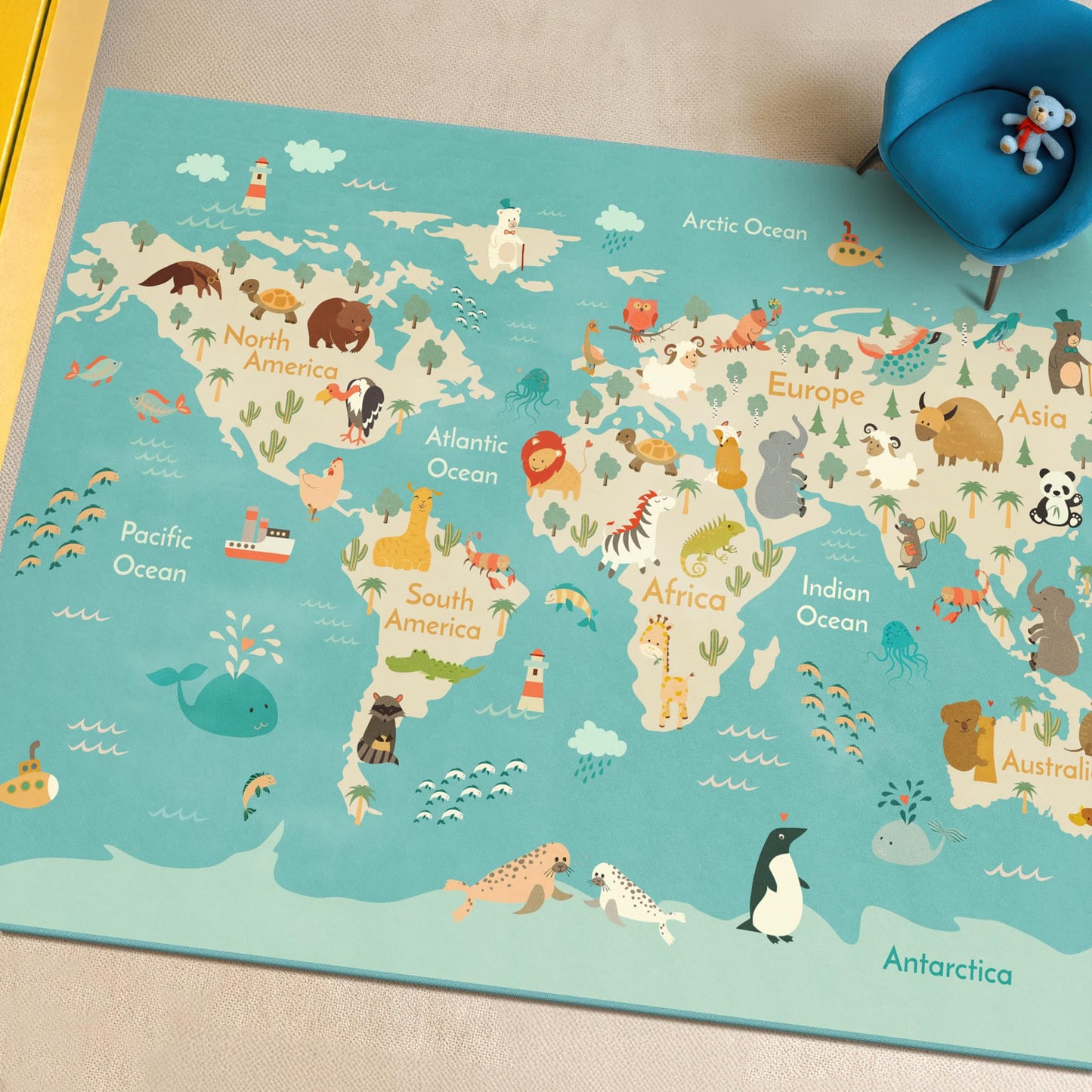 Hazo Haus Washable Large Kids Room Rug with Animal – 6x9 Educational World Map Play Mat for Bedroom – Non-Slip, Stain Resistant, Soft & Safe for Baby, Playroom Essentials - Blue Ocean