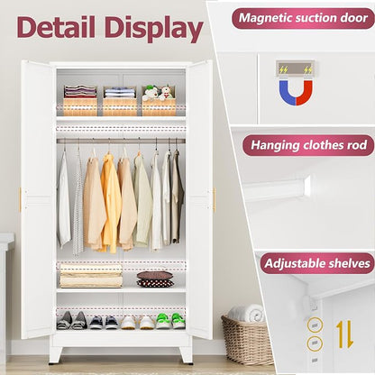 GAIOUS Metal Wardrobe Cabinet with Hanging Rod, Clothing Storage Cabinets | with 2 Doors and Adjustable Shelves, 71" Metal White Armoire Wardrobe Closet for Bedroom, Laundry Room, Cloak Room