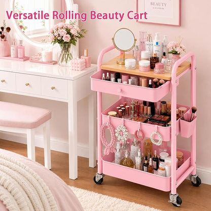 3 Tier Pink Rolling Cart with Drawer for Makeup Storage, Metal Utility Cart with Wheels, Make up Shelf Hair/Lash/Nail Polish/Skincare/Perfume Organizer, Floor Storage Vanity Carts for Bathroom,Salon