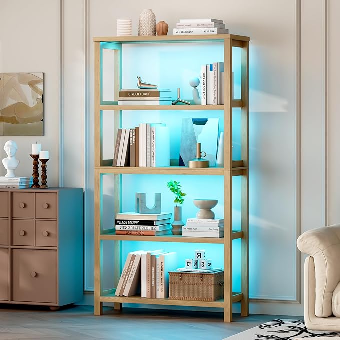 Vlsrka Wooden Bookshelf with Lights, 5 Tier Bookshelf with Storage, Tall