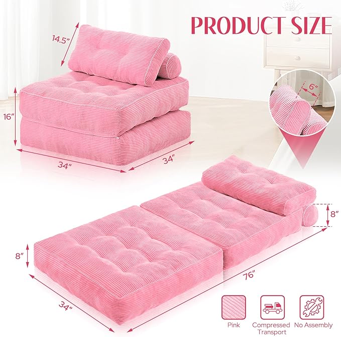 HABUTWAY Folding Sofa Bed, Convertible Sleeper Chair Bed w/Dual-Pillow & Handle