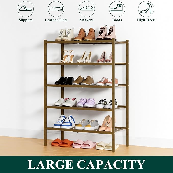 Smiry Bamboo Shoe Rack, 5 Tier Free Standing Wooden Shoe Organizer, Stackable Wood Shoe Storage Shelf for Closet, Entryway, 14 Vertical Slats, 2+2+1 Stack Heavy-Duty Legs, 26.8"x11"x32.5", Walnut