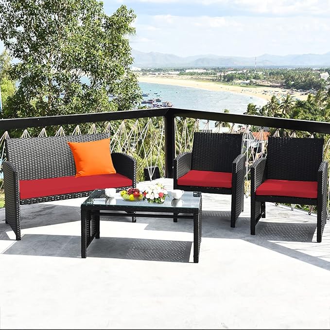 Tangkula Patio Wicker Conversation Furniture Set, Patiojoy Sofa & Table Set w/4