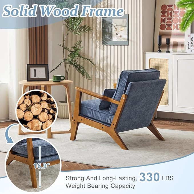 VINGLI Solid Wood Wide Armrests Accent Chair Set of 2, Upholstered Mid Century