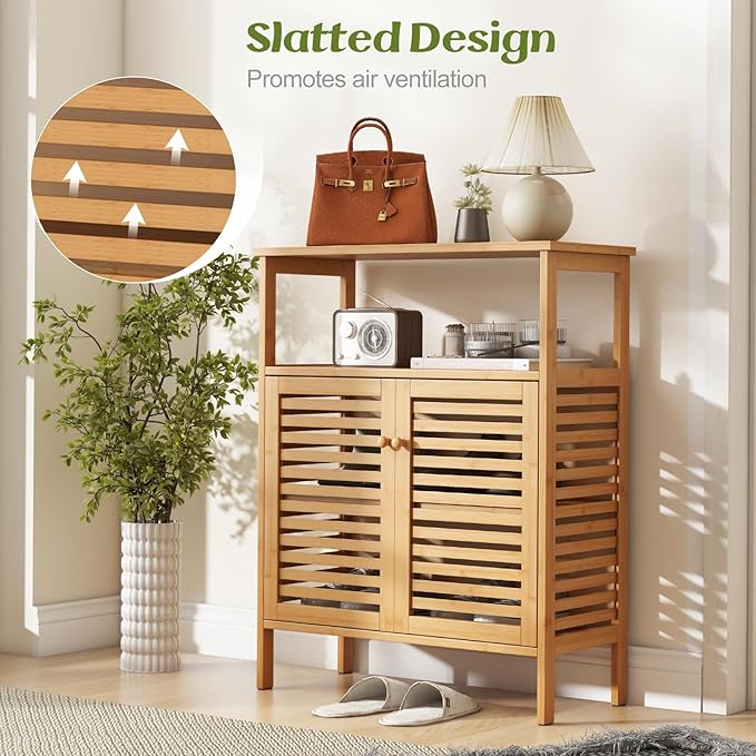 Tangkula Bamboo Floor Cabinet, Bathroom Storage Cabinet