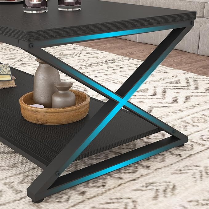 HSH Black Modern Minimalist Metal Wood Living Room Table
