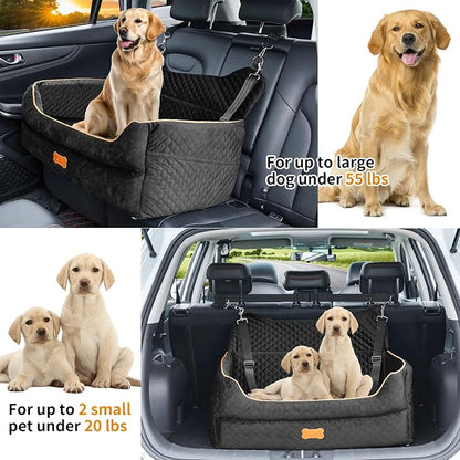Dog Car Seat for Large/Medium Dogs - Memory Foam Dog Booster Seat for Under 55Lbs or 2 Small Dogs-Detachable and Washable Travel Bed with Thick Cushion and Storage Pockets-Black
