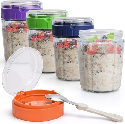 EONJOE Large Overnight Oats Containers to go,4 Pack Glass Meal Prep Jars 2 Cups Wide Mouth Yogurt Pudding Storage Airtight