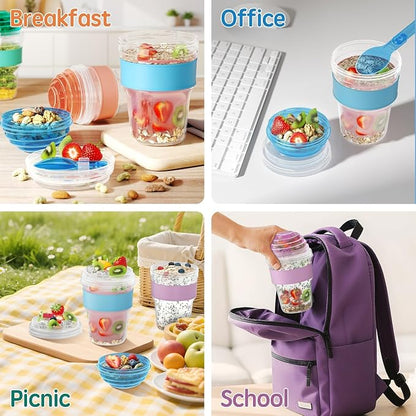 4 Pack Yogurt Parfait Cups with Lids Reusable, 20 oz Plastic Overnight Oats Containers with Lids Spoons Granola Compartment for Fruit Nuts, To Go Overnight Oat Jars for Oatmeal, Snack, Breakfast Prep