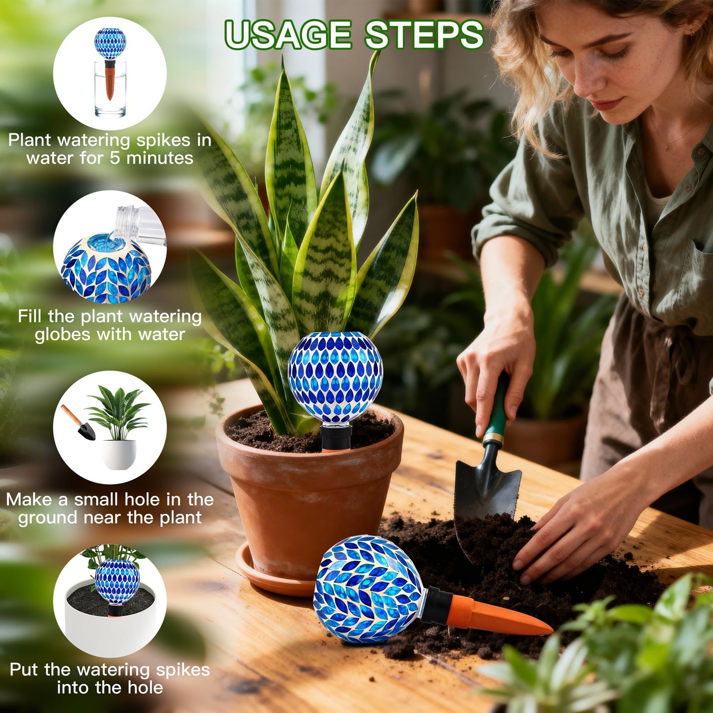 VOREEN Blue Mosaic Self Watering Globes 2 Pack, 500ml Handmade Glass Terracotta Plant Spikes, Automatic Self Watering Devices for Indoor Outdoor Pots, Decorative Water Saver Gift for Garden Lovers