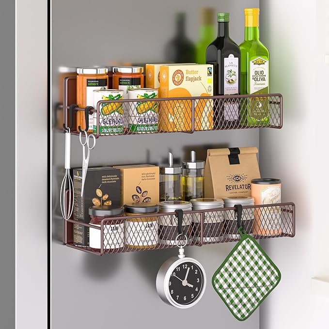 Magnetic Spice Rack for Refrigerator, 2 Pack 100% Metal Strong Magnet Shelf