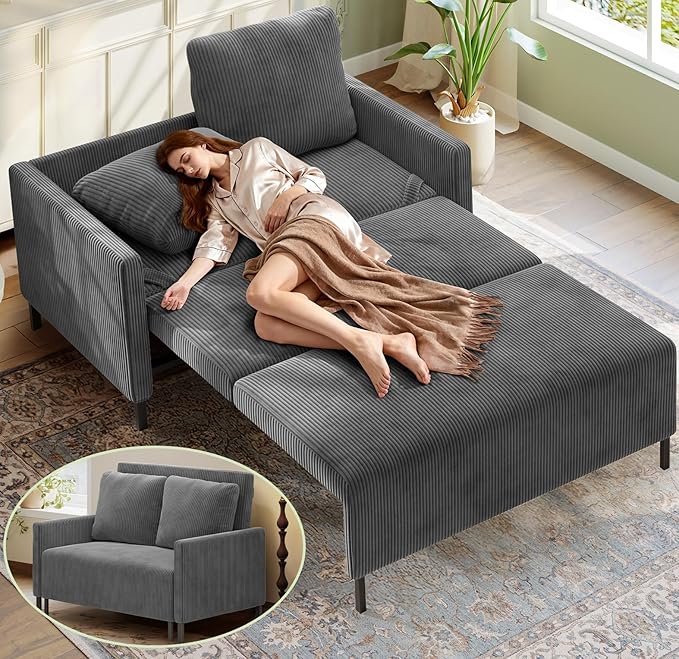 Welzona 47.2" Convertible Sofa Bed Couch, Comfy Corduroy Loveseat Sleeper Sofa