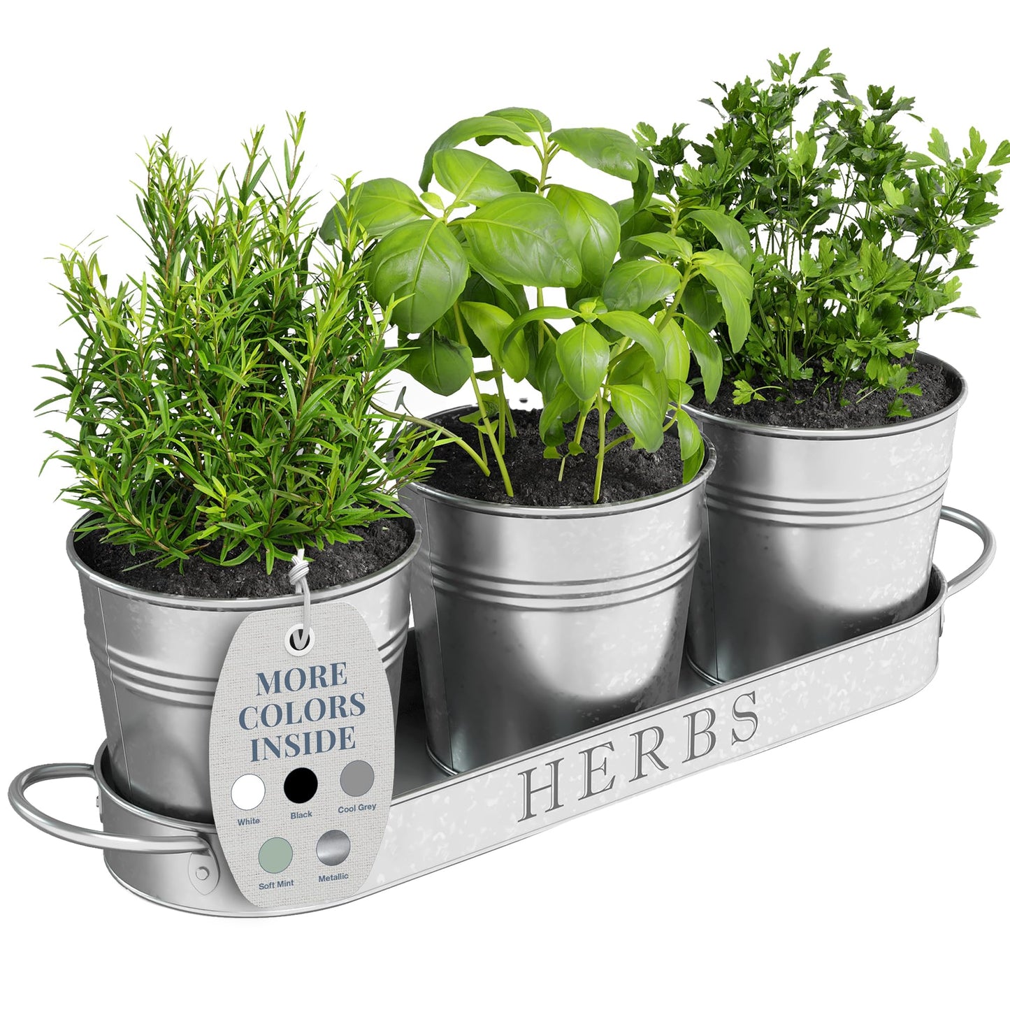 Barnyard Designs Indoor Herb Garden Planter Set with Tray, Metal Windowsill Plant Pots with Drainage for Outdoor or Indoor Plants, Set/3 (Galvanized)