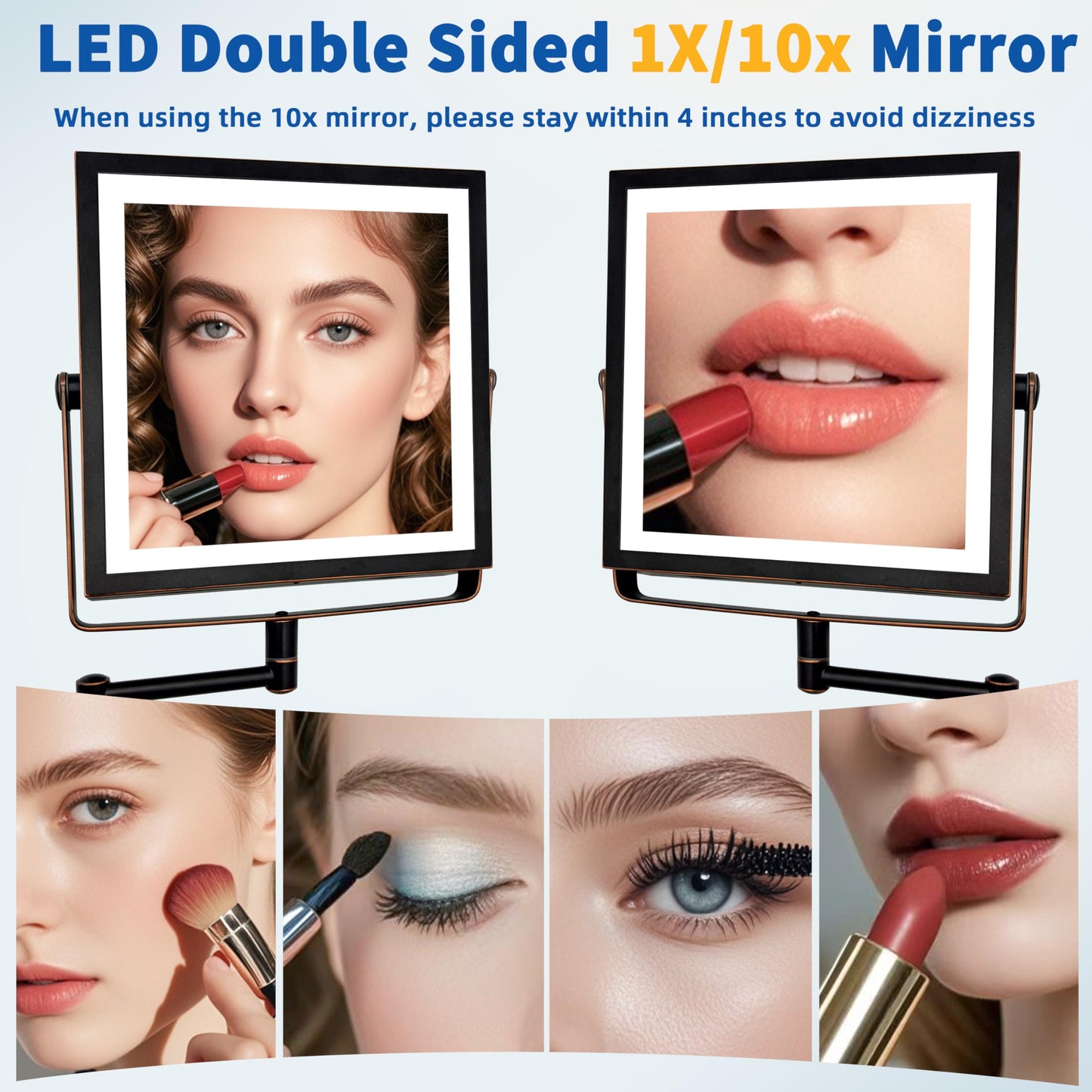 Ruacq Rechargeable Wall Mounted Makeup Mirror with Lights, Double Sided 1X/10X Magnifying Vanity Mirror with 3 Color Lighting, Touch Screen Dimmable, 360° Rotation Extension Foldable Arm(Matte Black)