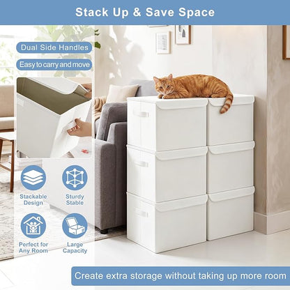 Bagnizer Large 17" 42 Quarts Collapsible Stackable Storage Bins with Lids [3-Pack] Foldable Fabric Linen Storage Boxes Cube, Closet Organizer Baskets with Label (16.7 x 12 x 12, White)