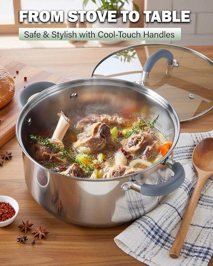 Cook N Home Basics 5.5 Quart Stainless Steel Stock Pot with Lid, Cooking Pot for Pasta, Soup, Stay-Cool Silicone Handle, Stockpot with Even Heating, Oven Safe, Cookware for Canning, Boiling, Simmer