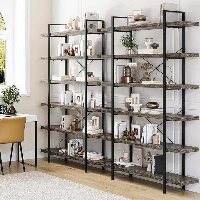 Heavy Duty 6-Tier Industrial Bookcase, 120lbs Shelf Capacity, Rustic Open