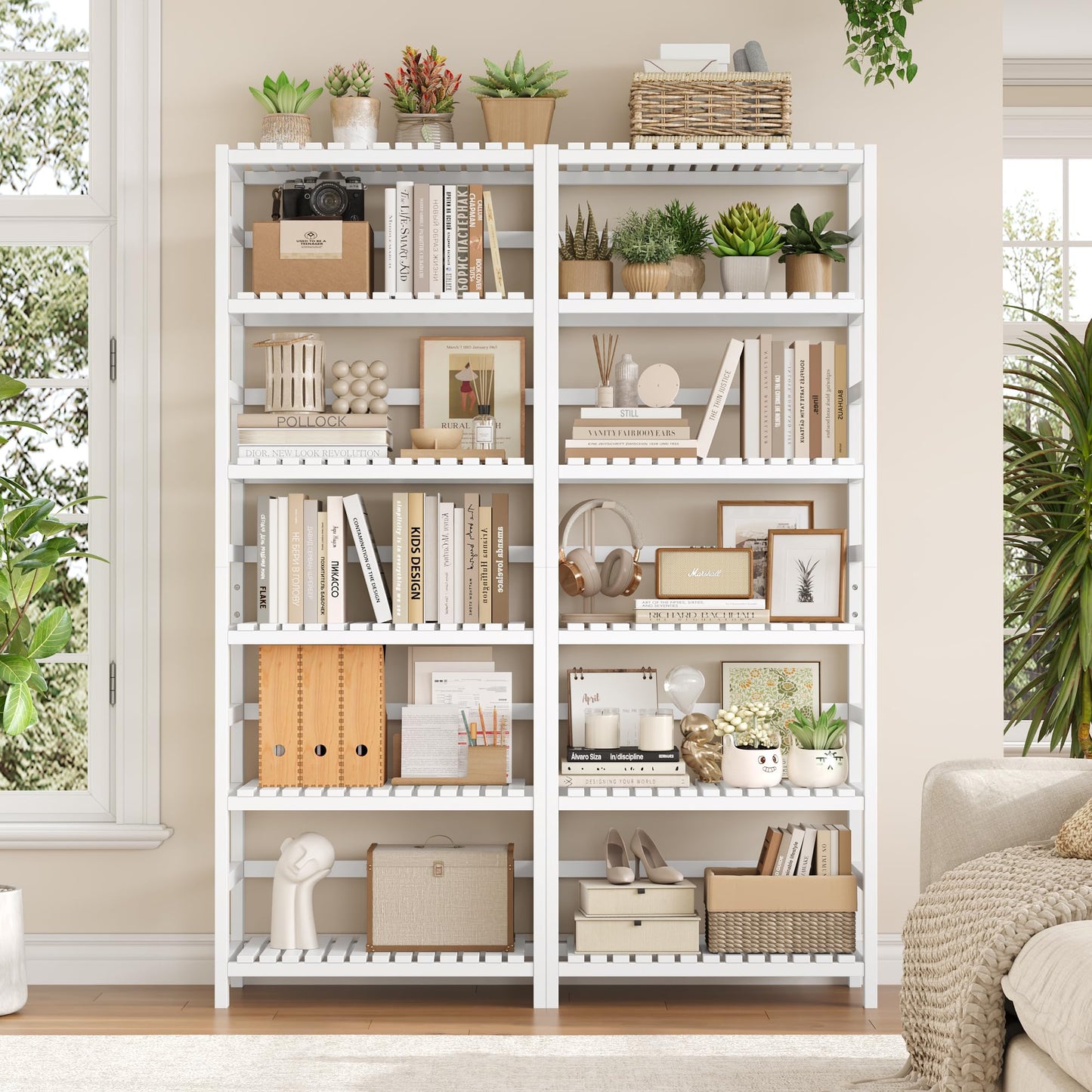 FOTOSOK 6-Tier Bamboo Shelf, Bamboo Bookcase with Adjustable Shelves, Free Standing Storage Shelf Unit, Plant Flower Stand for Bathroom, Kitchen, Home Office, White