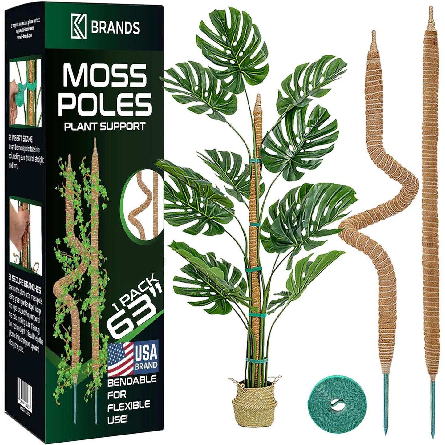 63'' Bendable Moss Pole Monstera Plant Support for Large Climbing Indoor Plants - Stakes for Potted Climbers - Tall Sticks Indoor Trellis for Houseplants - Accessories for Monstera Pot
