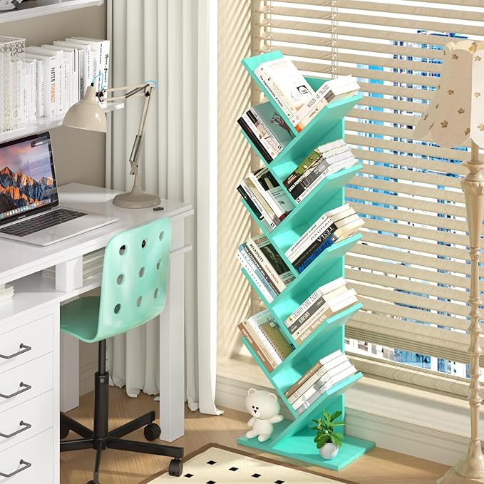 SHEEPAM 10 Tier Tree Book Shelf, Floor Standing Wood Bookshelf