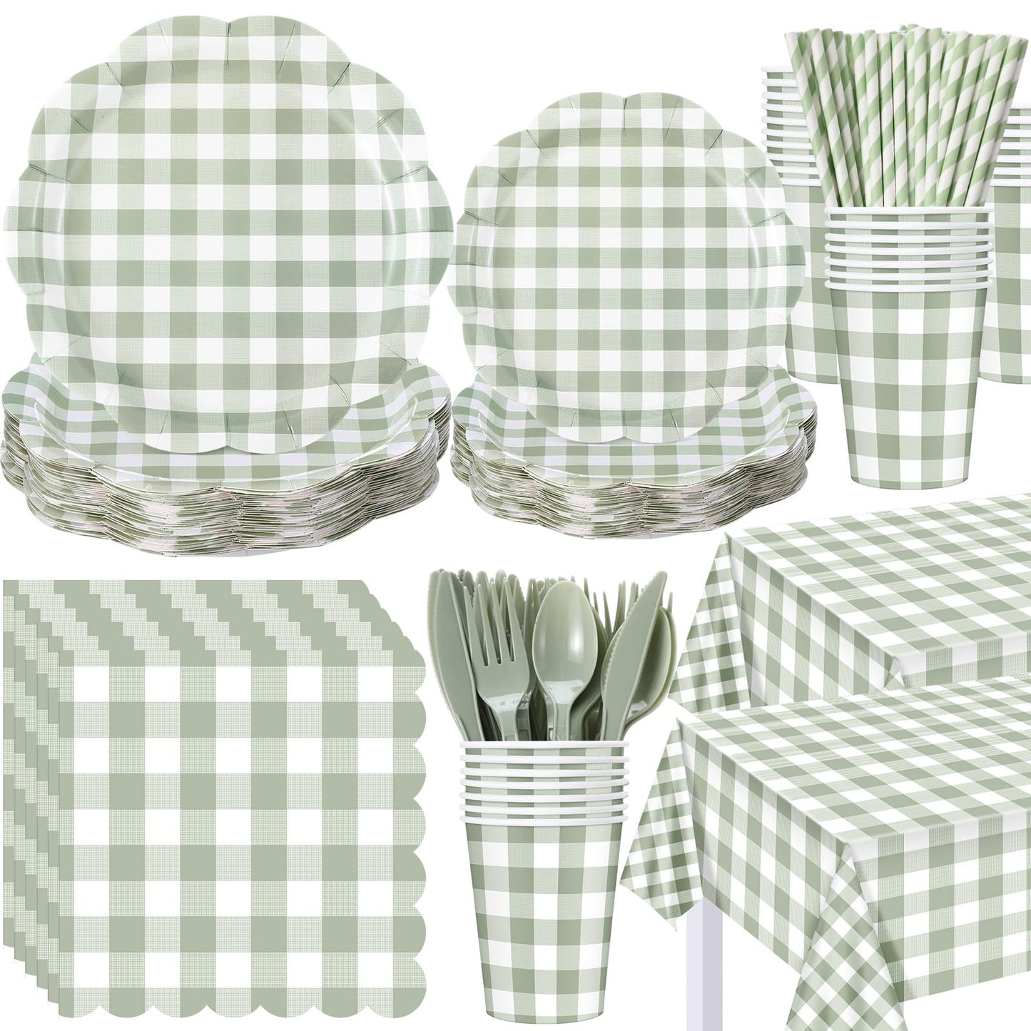Funnymoom 452 Pcs Sage Green Gingham Party Supplies for 50 Guests, Green Gingham Paper Plates Napkins Cup Tablecloth Disposable Tableware for BBQ Picnic Birthday Baby Shower Wedding Party Decoration