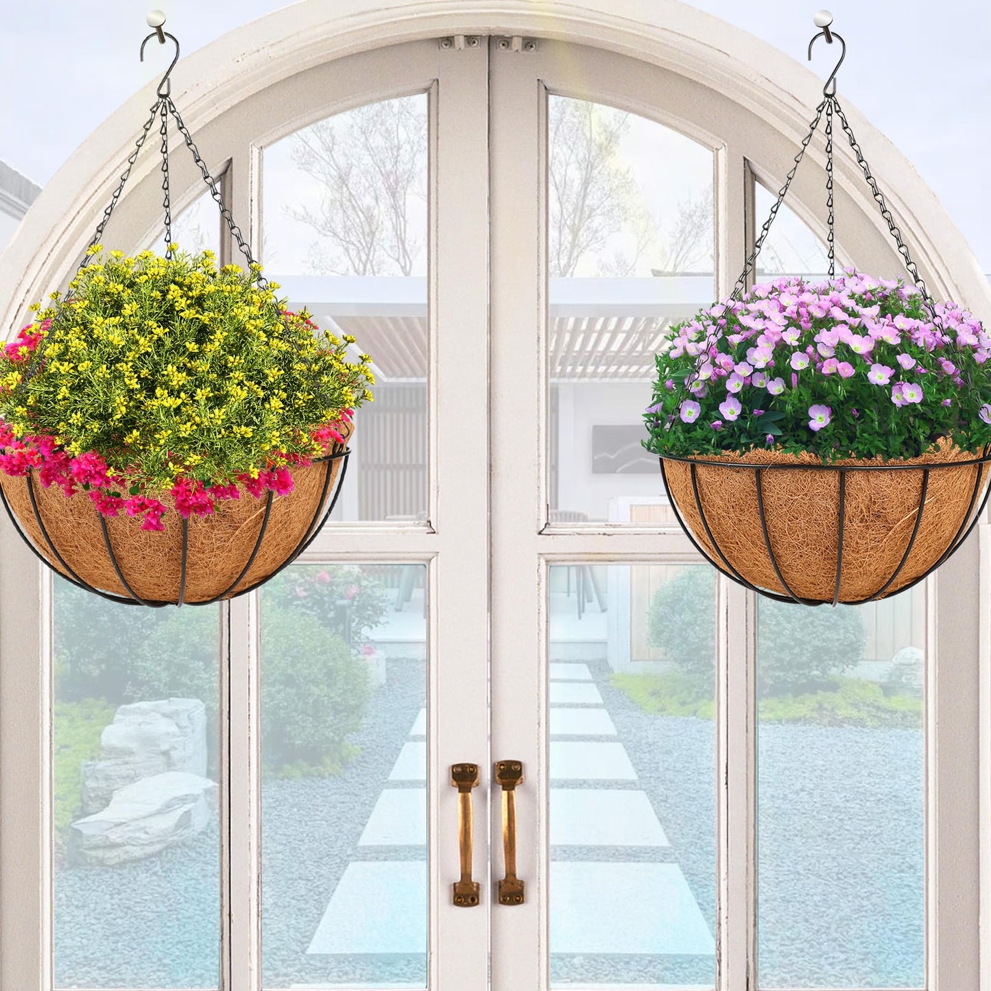 Hanging Basket Planter Plants Outdoor - 4 Pack 14 Inch Metal Hanging Planter with Coco Liners, Chain Hook Hanging Flower Pots for Indoor Outdoor Garden Porch Decoration