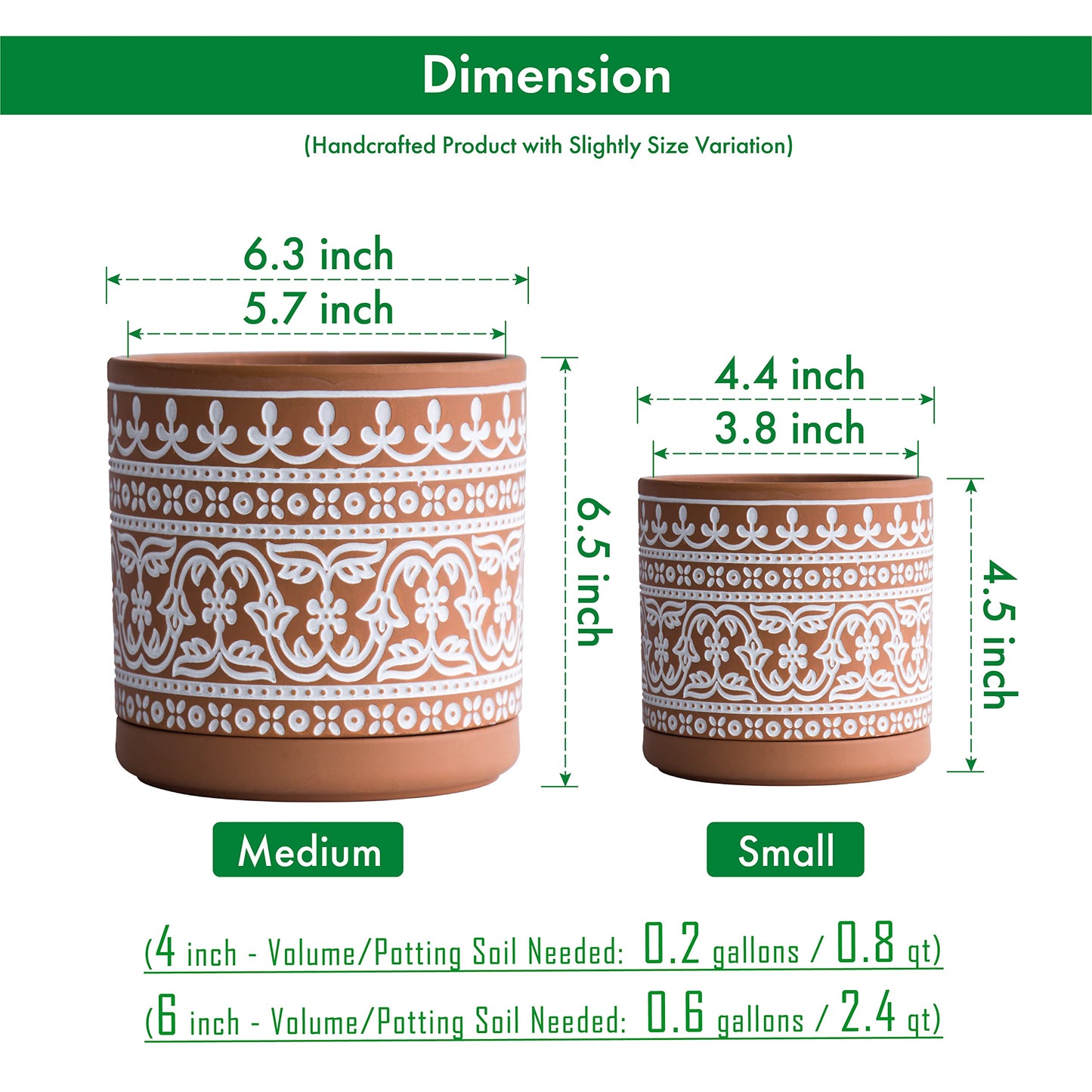 D'vine Dev Set of 2 Terracotta Pots, Wave Pattern Planter Pot, 4 Inch and 6 Inch, Pot with Drainage Hole and Saucer, Terracotta/White, 31-958-F-1