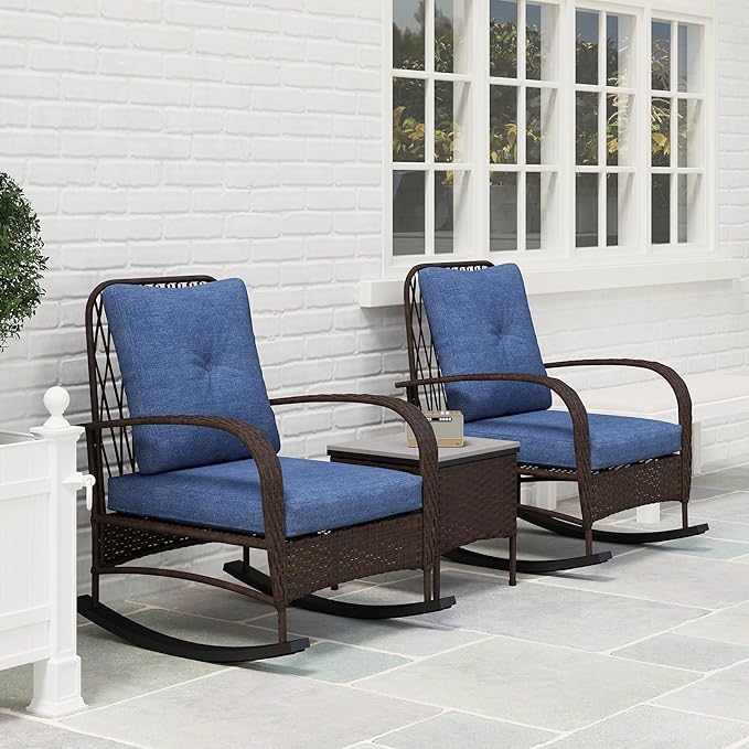 Outsunny 3 Piece Wicker Patio Furniture Set, PE Rattan Rocking Chairs