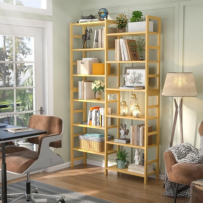 Homykic Double Wide Bamboo Bookshelf, 6-Tier Large Open Bookcase