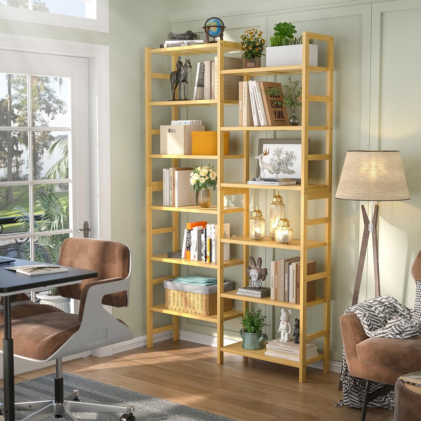 Homykic Double Wide Bamboo Bookshelf, 6-Tier Large Open Bookcase with 12 Display Shelves, 6ft Tall Freestanding Book Shelf for Home Office, Bedroom, Living Room, Plants, Natural