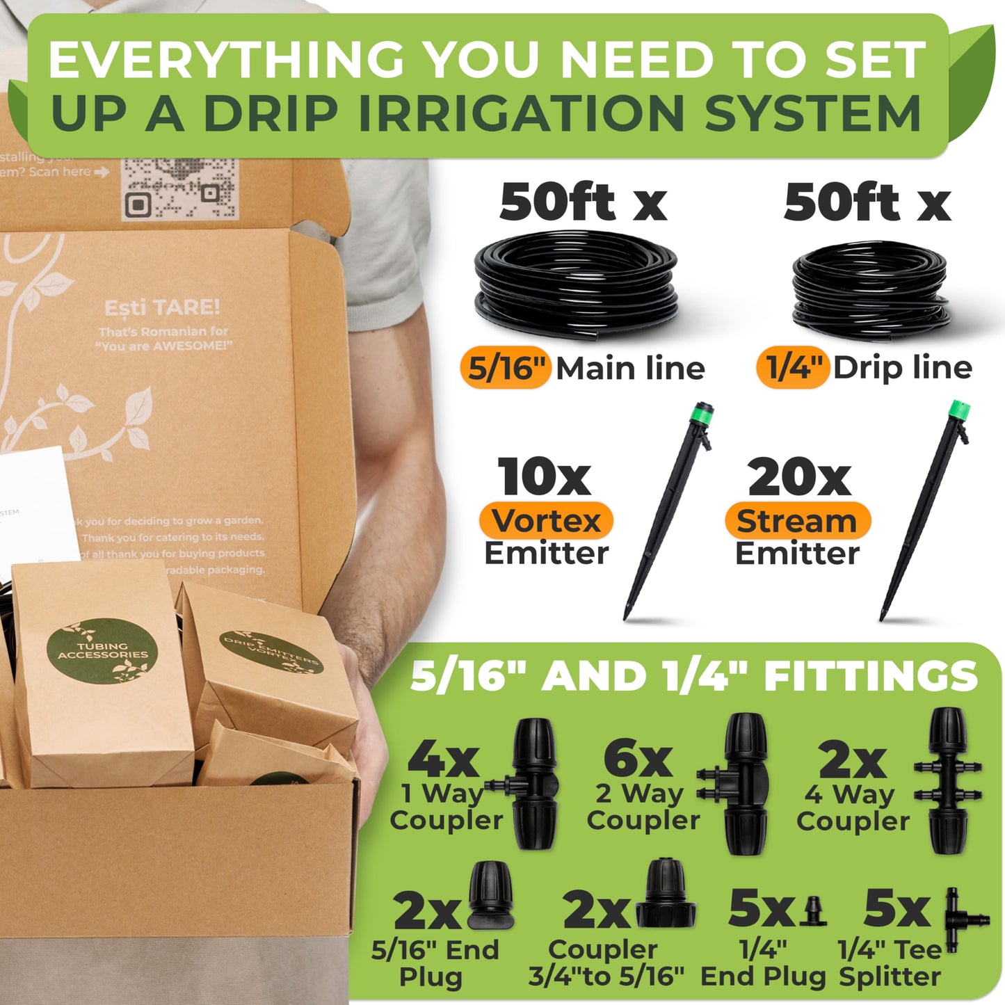 CARPATHEN Drip Irrigation System Kit - Complete Premium Garden Watering System with Adjustable Sprinkler Emitters, 5/16" & 1/4" Tubing and Fittings - Drip Line for Raised Beds, Lawn, Pots, Greenhouse