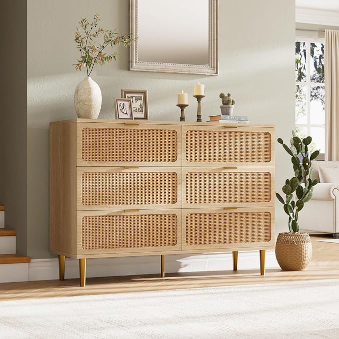 GarveeHome Rattan 6 Drawer Dresser