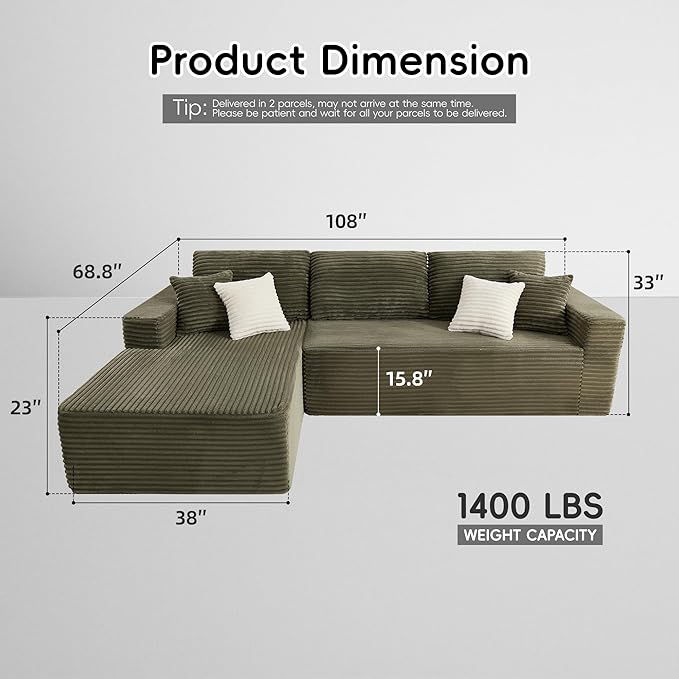 Opiesit 108" Boneless Couches for Living Room, Modular Sectional Sofa