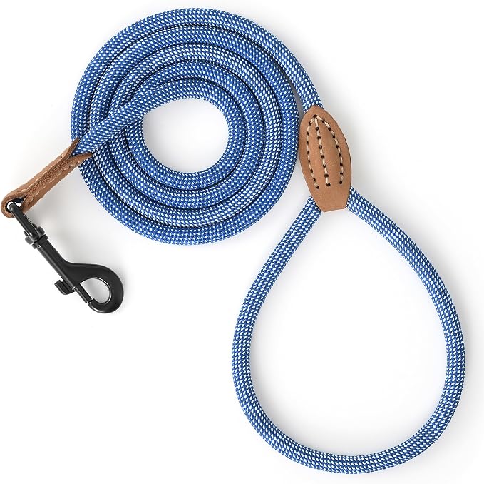 Mile High Life Small Dog Leash, Thin Rope Leash with Genuine Leather Connection and Heavy Duty Metal Clasp, Great for Small Medium Dogs(Blue White,48 Inch-1/3)
