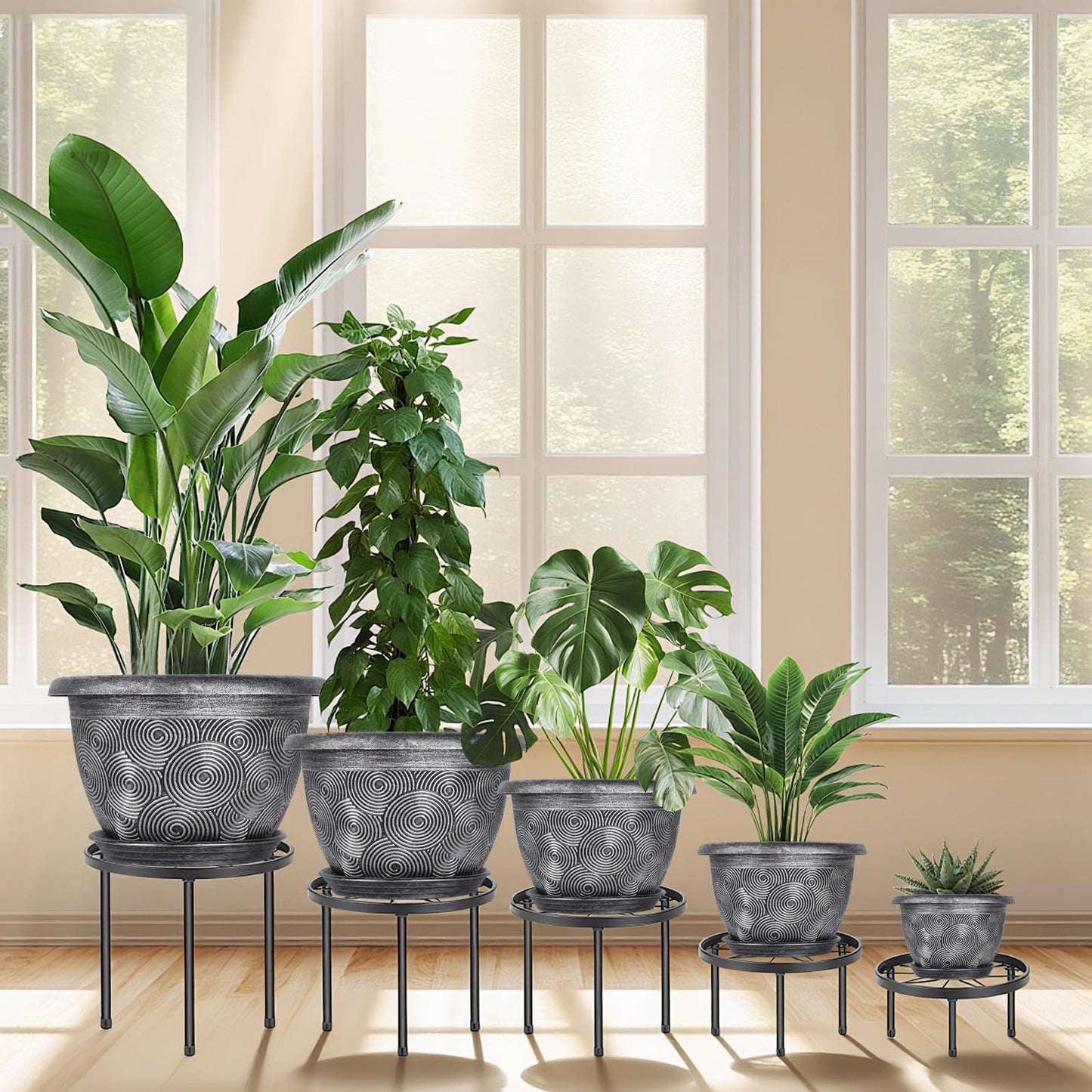 10-Inch -Plastic-Pots -For-Plant With Saucer, 4 Pack Outdoor Planters With Drainage Holes, Decorative Flower Pots For Indoor Plants, Modern 3D Swirl Silver Plant Pots With With Removable Tray