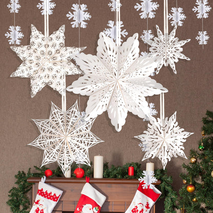 5Pcs Christmas Paper Snowflake Lanterns, Large Christmas Paper Star Lanterns with Lights & Banner White Hanging Snowflake Lamps for Xmas Winter Frozen Weddings Birthday Holiday Party Decorations