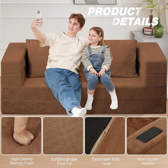 Folding Bean Bag Chair for Adults, 3-in-1 Bean Bag Couch Faux Fur Floor Sofa
